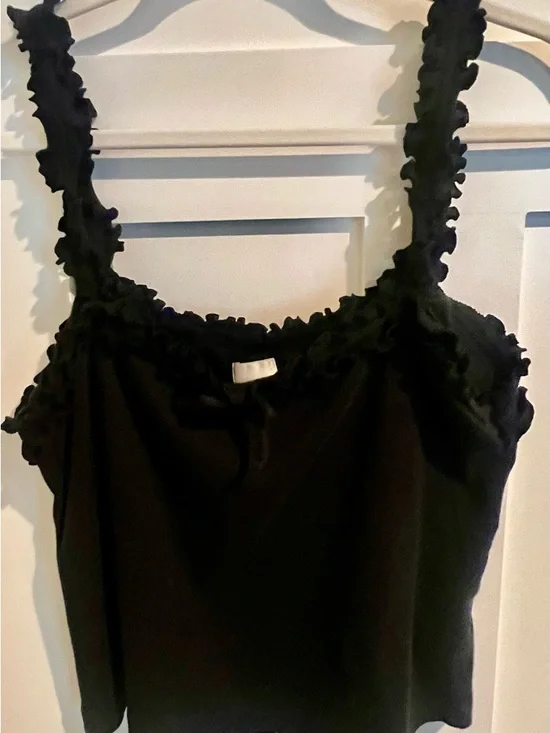 👉 Anthro Maeve Dorrie Ruffle Tank XL Black Ribbed Cami Top Feminine - Picture 5 of 6